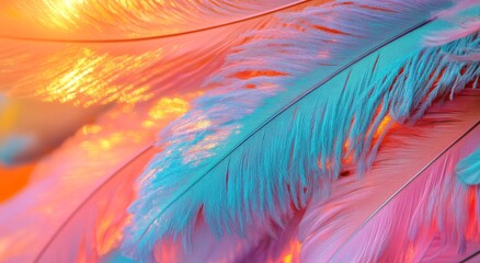 Obraz premium Ethereal white feathers, a glowing golden sunburst, warm sunlight rays, a soft focus, dreamy atmosphere, celestial illumination, delicate textures, heavenly light, divine radiance, spiritual