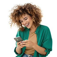 Happy Business Woman Holding Smartphone – Smiling Female with Curly Hair Using Mobile Phone, Social Media, Digital Communication, Isolated on Transparent Background, No Background