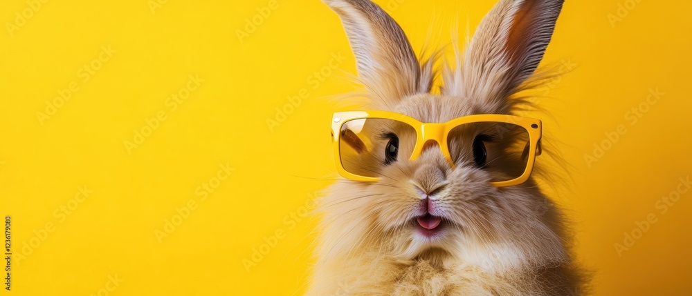 Wall mural Rabbit wearing yellow sunglasses against a bright yellow background, playful expression, perfect for summer themes, animal portraits, or fun pet photography.