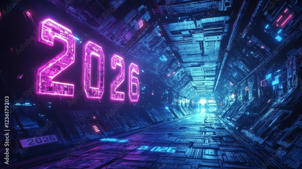 Poster futuristic scene with bright neon numbers on a dark technology background in a sci-fi style
