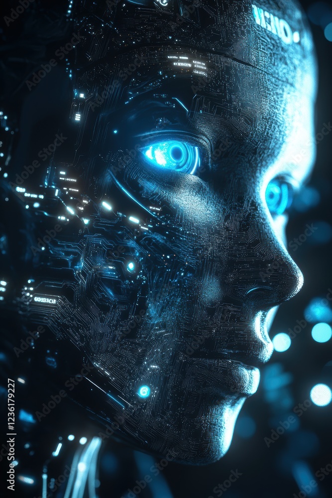 Poster robot face with glowing blue eyes, showcasing advanced artificial intelligence technology, futuristi