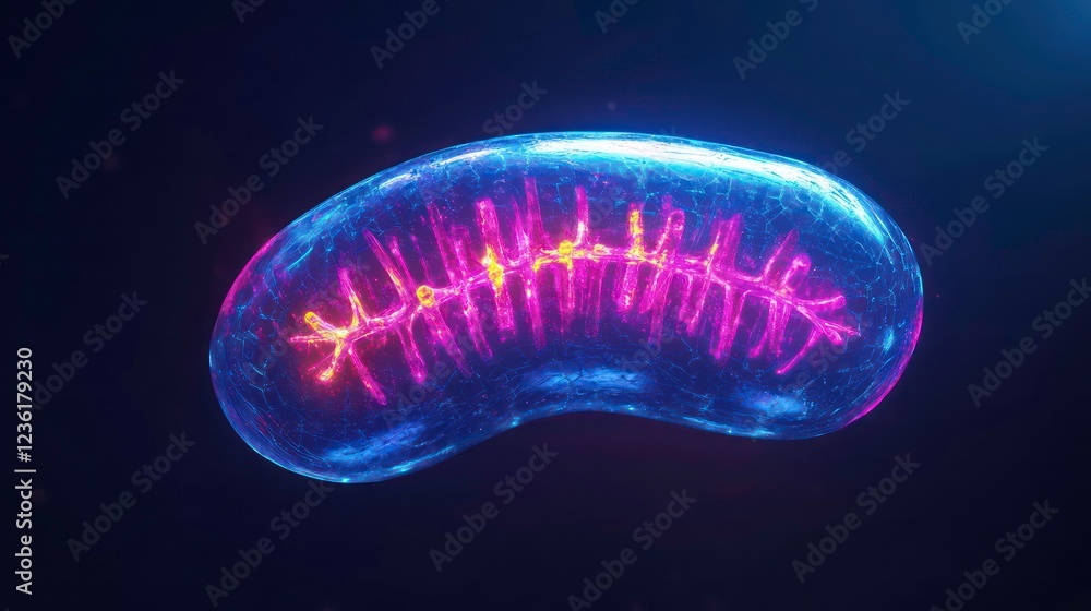 Poster Microscopic view of a glowing cell with internal structures.