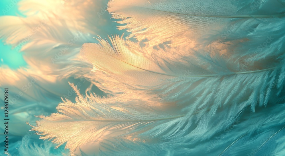 Poster macro shot of delicate white feathers, ethereal and softly blurred, evoking a dreamy atmosphere with