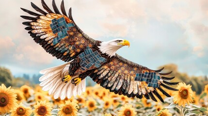 Obraz premium Majestic Eagle Spreads Its Wings Above Vibrant Sunflower Field