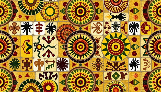 Ornamental pattern with cultural motifs, vibrant yellow and red tones, and intricate details, ideal for decorative or artistic projects.