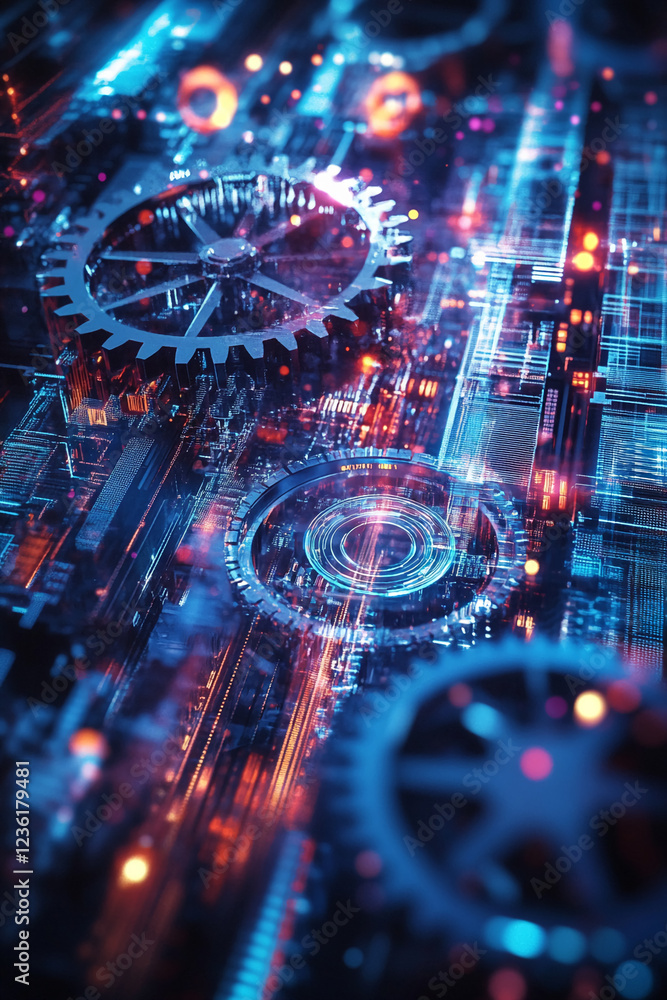 Poster close-up of metallic gears and digital circuitry with neon lights, symbolizing futuristic technology