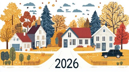 Colorful Flat Design Illustration of Scenic Autumn Landscape with Houses and Trees in Vibrant Fall Colors and 2026 Label