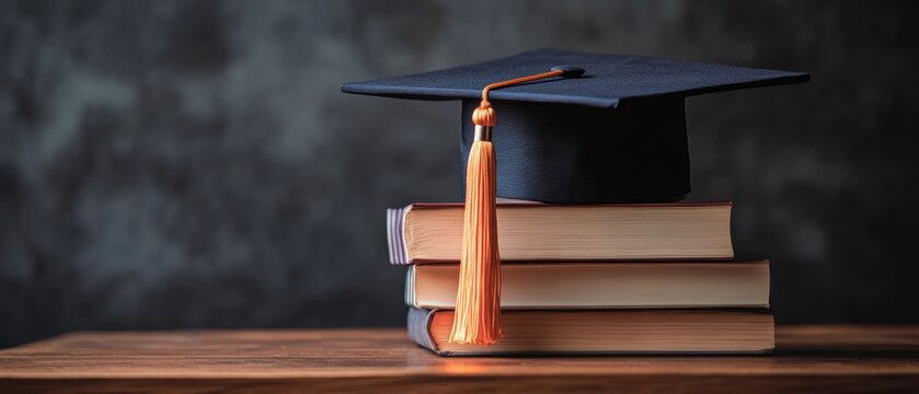 Graduation cap placed on stack of books symbolizing academic achievement and education success, representing knowledge, learning, and future opportunities.