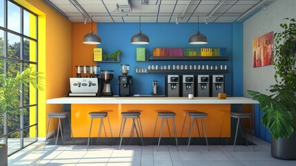 Modern cafe interior with colorful walls, coffee machines, and bar stools.