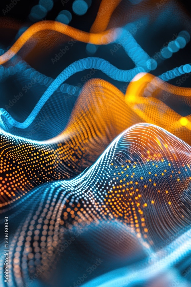 Poster digital wave patterns in vibrant colors representing data visualization, technology trends and finan