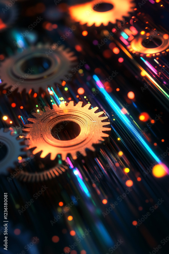 Poster close-up of interconnected gears and neon digital circuits, symbolizing futuristic technology, innov