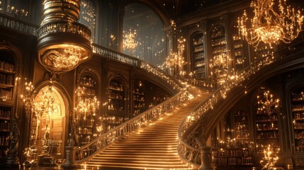 Naklejka premium Majestic Staircase in an Enchanted Library with Sparkling Chandeliers and Lush Bookshelves Illuminated by Warm Light