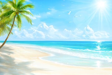 Fototapeta premium A serene beach scene featuring clear blue waters, soft white sand, and palm trees under a radiant sky, Perfect for travel brochures, relaxation themes, and vacation planning,