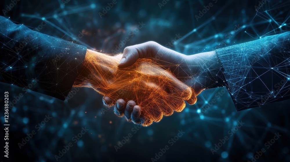 Poster handshake between two business professionals symbolizing partnership and collaboration in a digital 