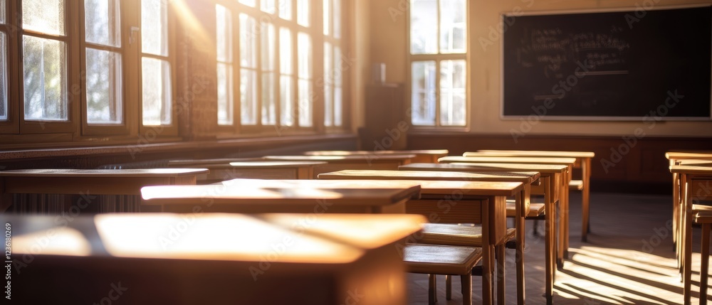 Poster classroom interior with empty wooden desks and chairs, sunlight streaming through large windows, cre