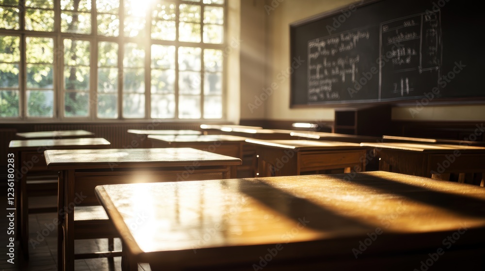 Poster classroom interior with wooden desks and sunlight streaming through windows, creating a warm atmosph