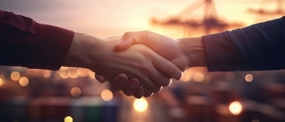 Handshake, partnership agreement and collaboration between business professionals at sunset. Trust, cooperation and successful negotiation in corporate setting.