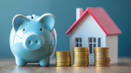 Piggy bank, house model and stacked coins representing savings for homeownership, investment strategy, financial planning and wealth management concepts.