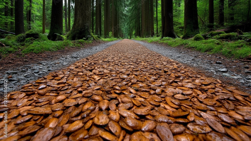 Poster forest path of seeds: a long, winding path in a dense forest is entirely covered in fallen seeds, cr