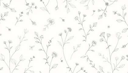 A delicate seamless floral pattern with fine line art flowers and leaves on a soft white background, creating a gentle and elegant botanical design for wallpapers and textiles.