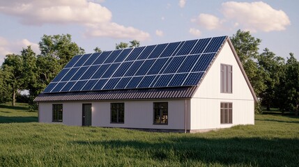 Modern Eco-Friendly House with Solar Panels in Serene Landscape