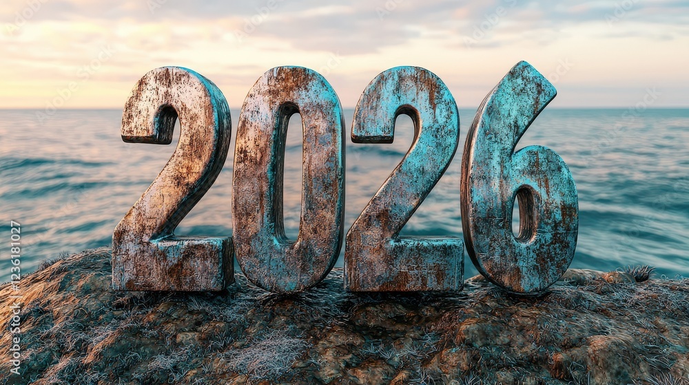 Poster weathered 3d text of year 2026 at sunset over calm ocean waves with rustic texture and natural backg