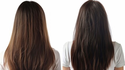 Fototapeta premium Two girls with long hair, one with smooth, the other with wavy, looking away, suitable for advertising cosmetics and beauty salons.