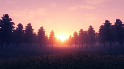 Majestic Sunrise Over Misty Forest Landscape with Tall Trees