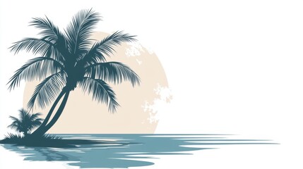 Naklejka premium Serene Tropical Landscape with Palm Trees Silhouetted Against a Golden Sunset Over Calm Waters