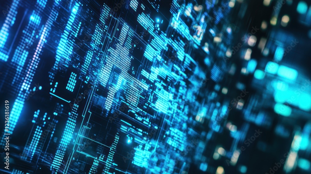 Poster data visualization, digital network and abstract technology concept featuring glowing blue lines, ci