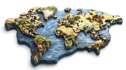 3D Relief Map of World Continent Display on White Background