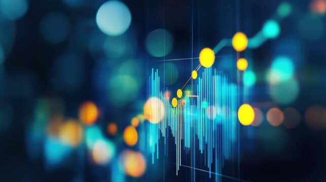 Stock market data visualization with financial charts, digital graphs, and glowing bokeh lights representing market trends, investments, and economic growth.
