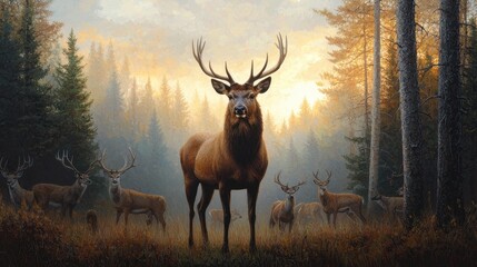 Majestic Stag in Misty Forest Surrounded by Other Deer at Sunrise