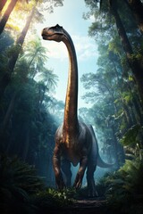 Majestic dinosaur roaming ancient jungle rainforest image lush environment ground level prehistoric life