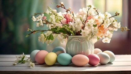 Pastel Easter eggs and a delicate bouquet of spring blossoms in a light teal vase create a charming springtime scene. Perfect for Easter cards, blogs, websites, or spring-themed projects.