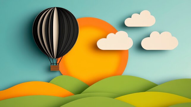 Hot Air Balloon Ascending Over Rolling Hills at Sunset