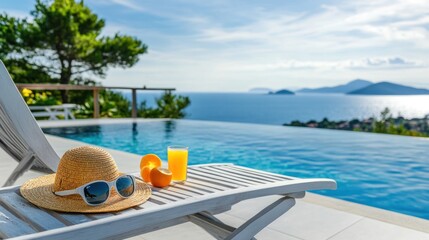 Obraz premium Relaxing poolside scene with hat, drink, and ocean view