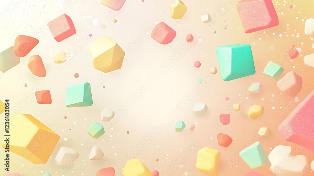 Poster pastel colored shapes float in a soft background