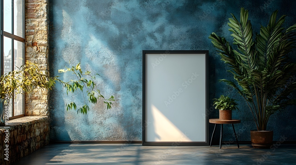 Aufkleber home interior a mock up frame standing on a small side table next to minimal decor soft lighting enh