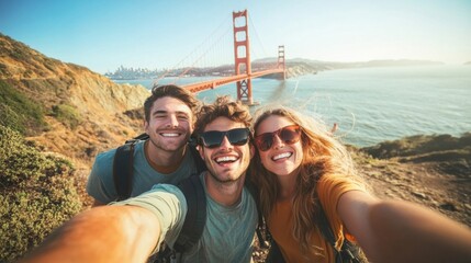 Happy Friends Taking a Selfie with Golden Gate Bridge in Background