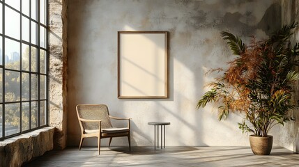 Home interior a mock up frame standing on a small side table next to minimal decor Soft lighting enhances the clean lines and simplicity of the space Detailed 3D render