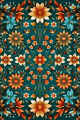 A vibrant floral pattern featuring detailed flowers and leaves in warm hues of orange, yellow, and blue against a deep teal background, Ideal for textiles, wallpapers, or invitations,