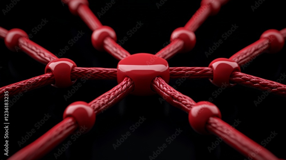 Poster red network hub: a striking close-up of a central red node connected to eight other nodes via thick,