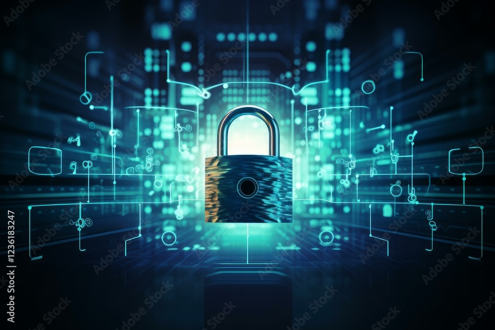 Poster metal padlock securing data flowing through circuit board, representing cybersecurity and data prote