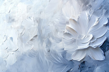 Impasto brush strokes painting illustration with white flower on white background with copy space