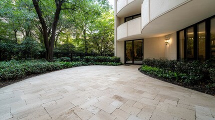 Obraz premium Modern apartment patio, lush greenery, city backdrop, relaxation