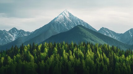 Fototapeta premium Majestic Snow-Capped Mountain Above Lush Green Forest Landscape