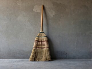 Traditional Straw Broom Leaning Against a Concrete Wall