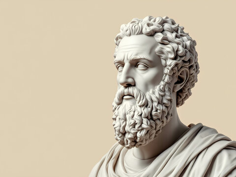 Marble sculpture of the ancient Greek philosopher and sage, bust of the ancient thinker on a beige background with space for text.