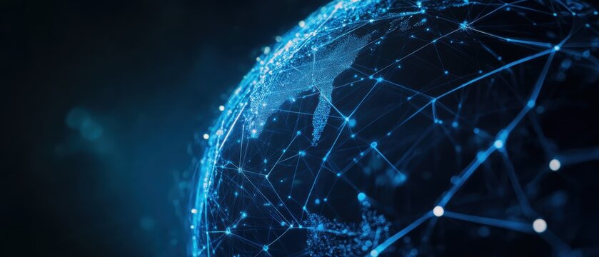 Global network and digital connections represented by glowing blue lines showcasing internet technology, data transfer, and communication systems in a modern world.